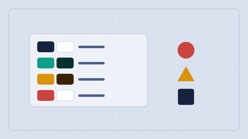 Abstract illustration of colour contrast pairs beside circle, triangle and square status shapes