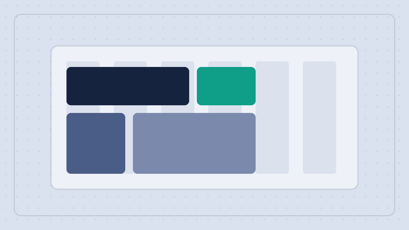 Abstract six column grid illustration with UI blocks snapped across the columns