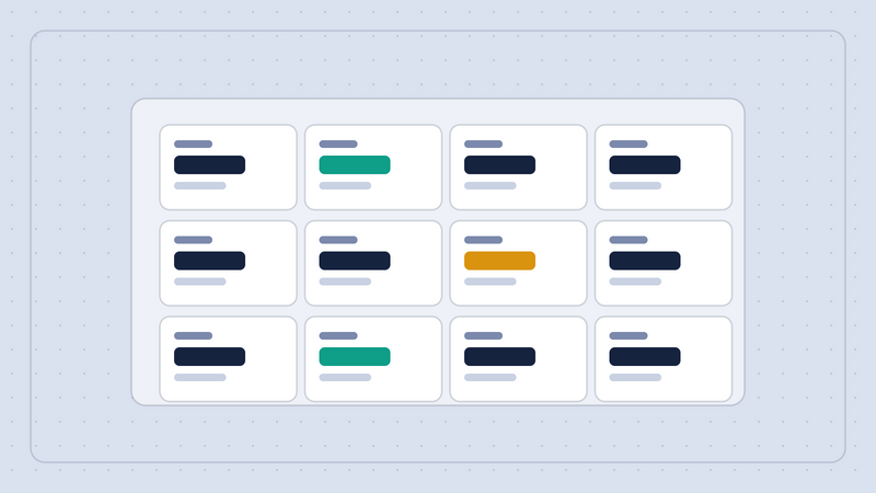 Abstract dashboard illustration: a grid of KPI tiles with one amber warning tile