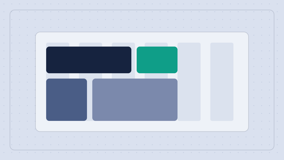 Abstract six column grid illustration with UI blocks snapped across the columns
