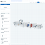 AHU Builder drag-and-drop workspace with a mixed-air unit, dampers, coils, supply fan and point labels.