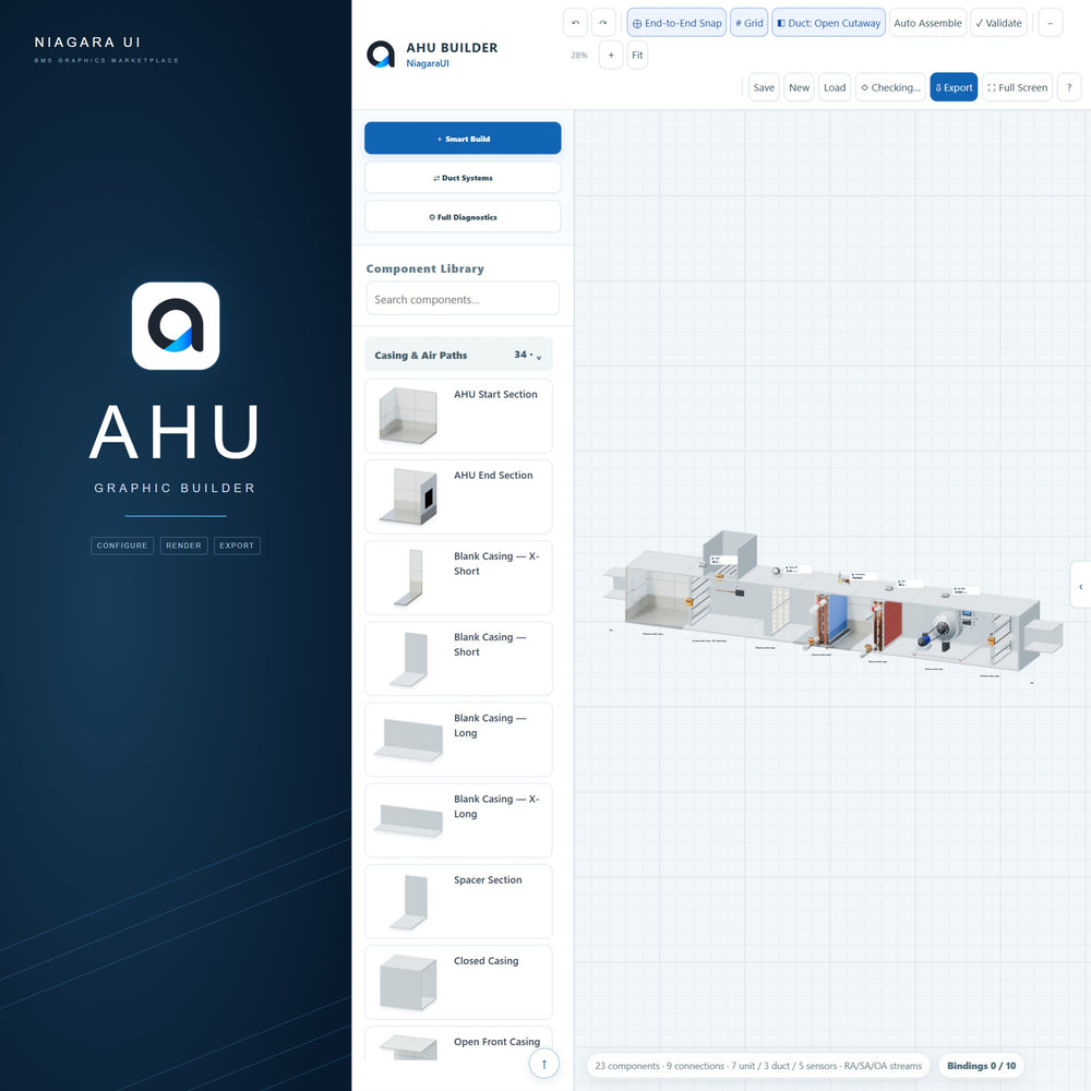 AHU Builder by NiagaraUI showing the component library and a mixed-air air handling unit layout for Niagara BMS graphics.