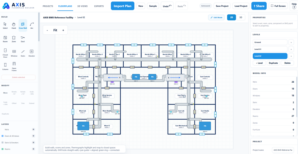 AXIS Floorplan Builder 2D editor with a traced Level 02 plan, named rooms, duct runs and VAV boxes