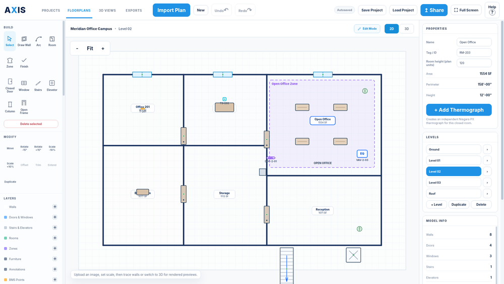 AXIS Floorplan Builder tracing a 2D building model from an imported floor plan